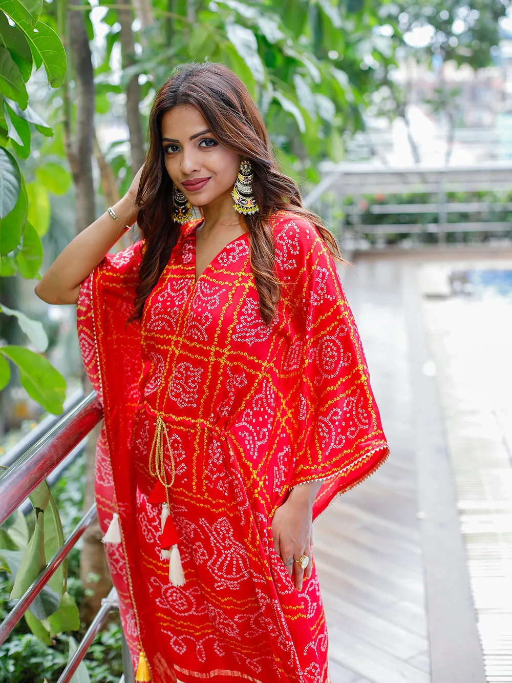 Red Color Digital Bandhej Printed Pure Gaji Silk Kaftan