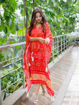 Red Color Digital Bandhej Printed Pure Gaji Silk Kaftan