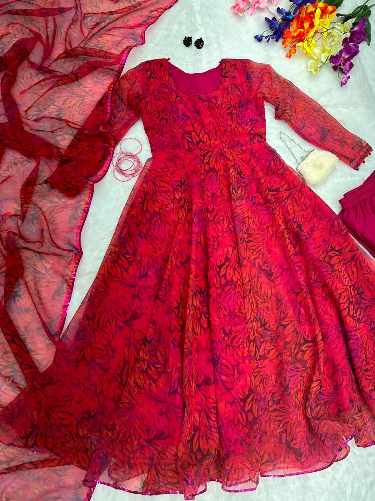 Red Color Digital Print Fancy Anarkali Suit