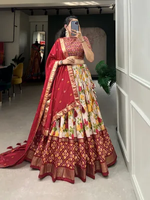 Red Color Floral And Patola Printed With Foil Work Tussar Silk Indian Lehenga Choli