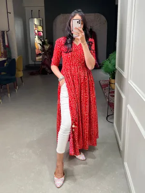 Red Color Foil and Printed Pure Cotton Kurti