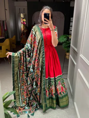 Red Color Patola And Foil Printed Dola Silk Gown