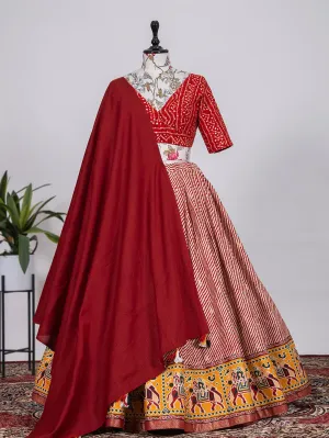 Red Color Printed With Foil Cotton Lehenga