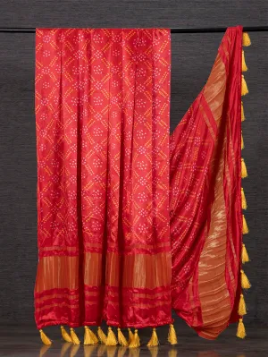 Red Color Pure Gaji Silk Bandhani Printed Dupatta With Tassels