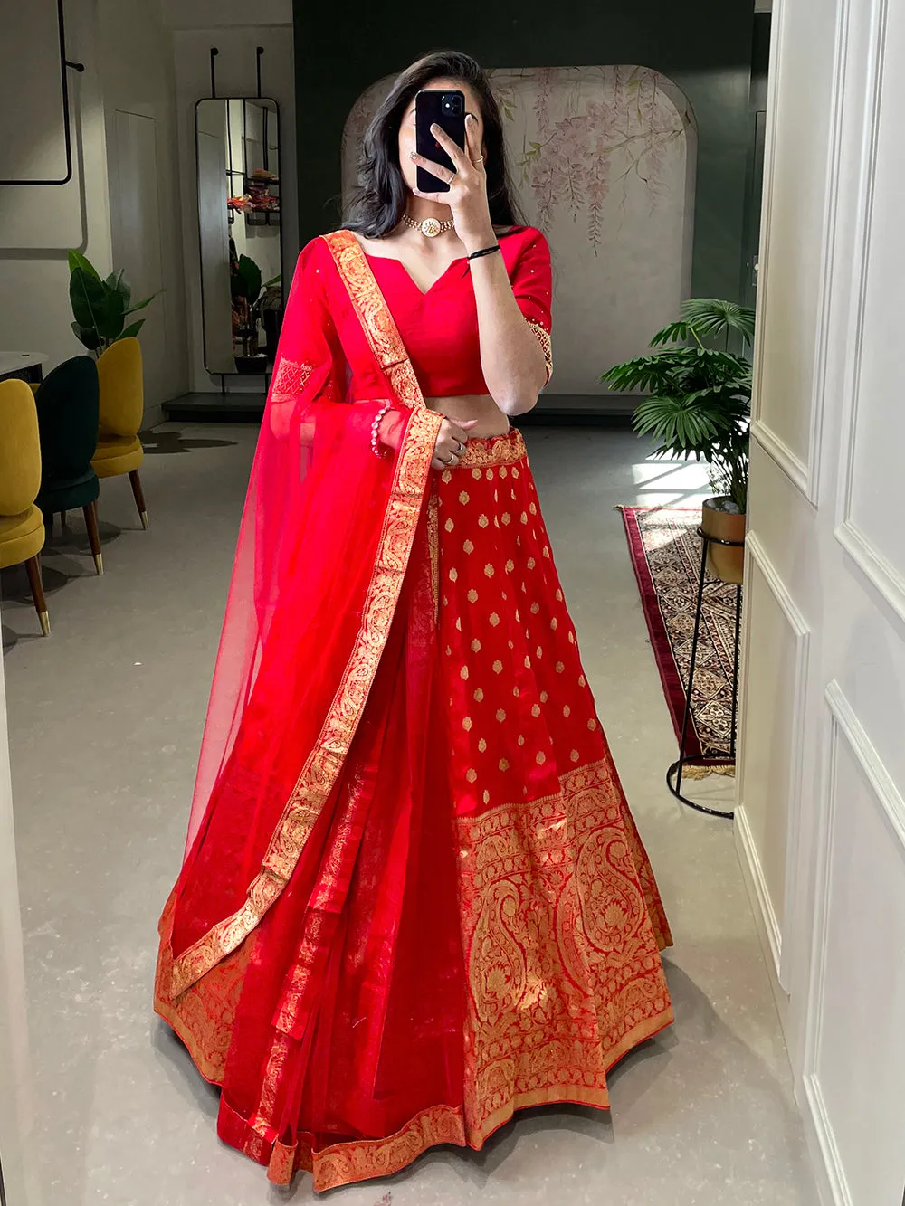 Red Color Weaving Zari Work Jacquard Silk Lehenga Choli With Net Dupatta