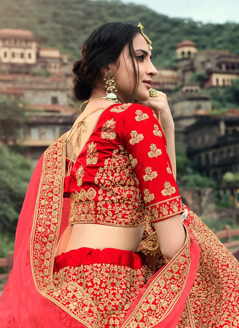 Red Color Zari And Stone Work Satin Material Bridal Lehenga