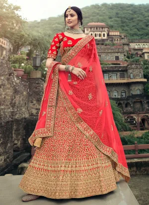 Red Color Zari And Stone Work Satin Material Bridal Lehenga