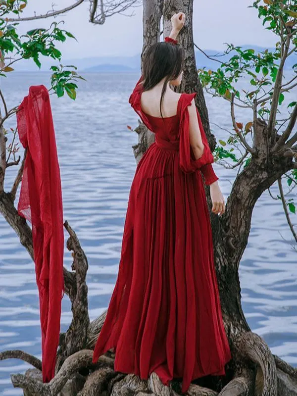 Red Cotton Blends V-neck Maxi Dress