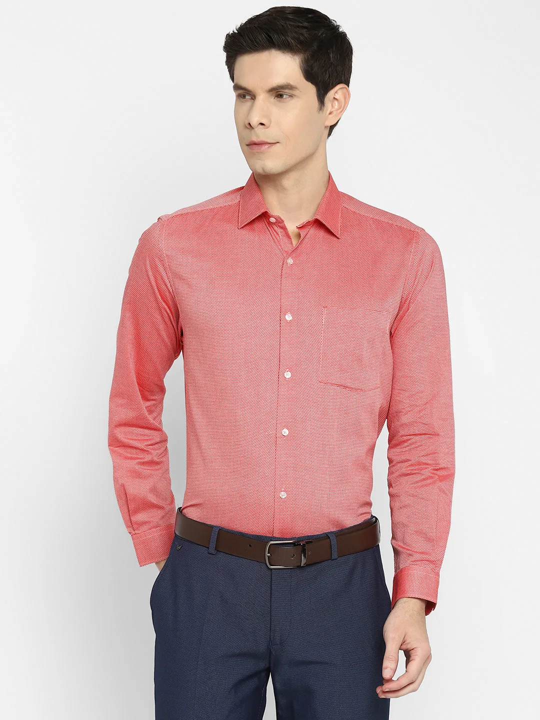 Red Cotton Self Design Slim Fit Shirts