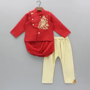 Red Cowl Style Kurta And Beige Pyjama With Embroidered Jacket