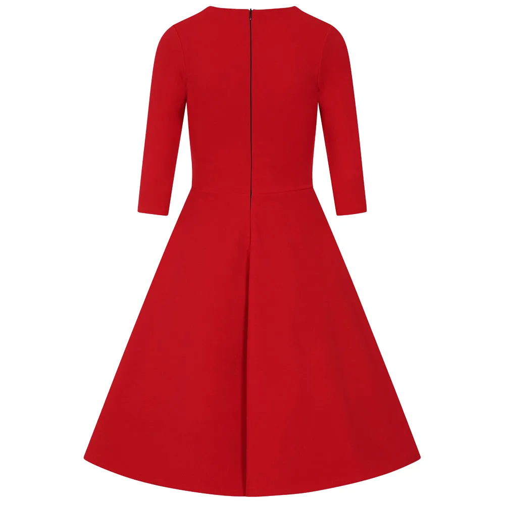 Red Criss-Cross Neckline 3/4 Sleeve 50s Swing Dress