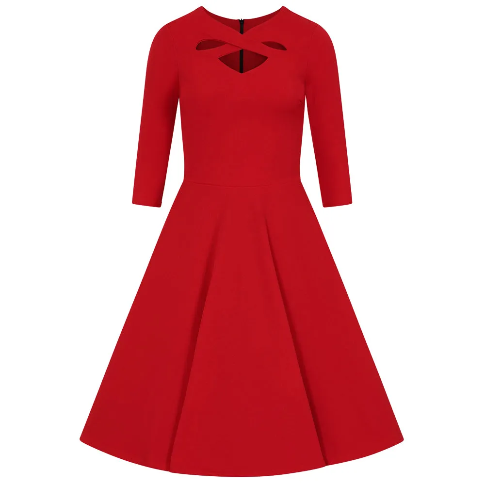 Red Criss-Cross Neckline 3/4 Sleeve 50s Swing Dress