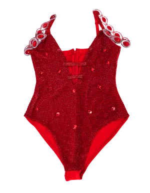 Red Crystal-Covered Bodysuit - Handworked Design