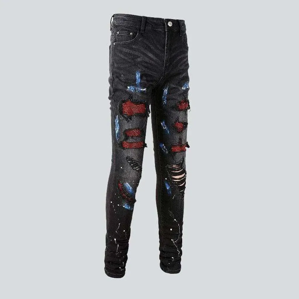 Red crystal patchwork men's jeans