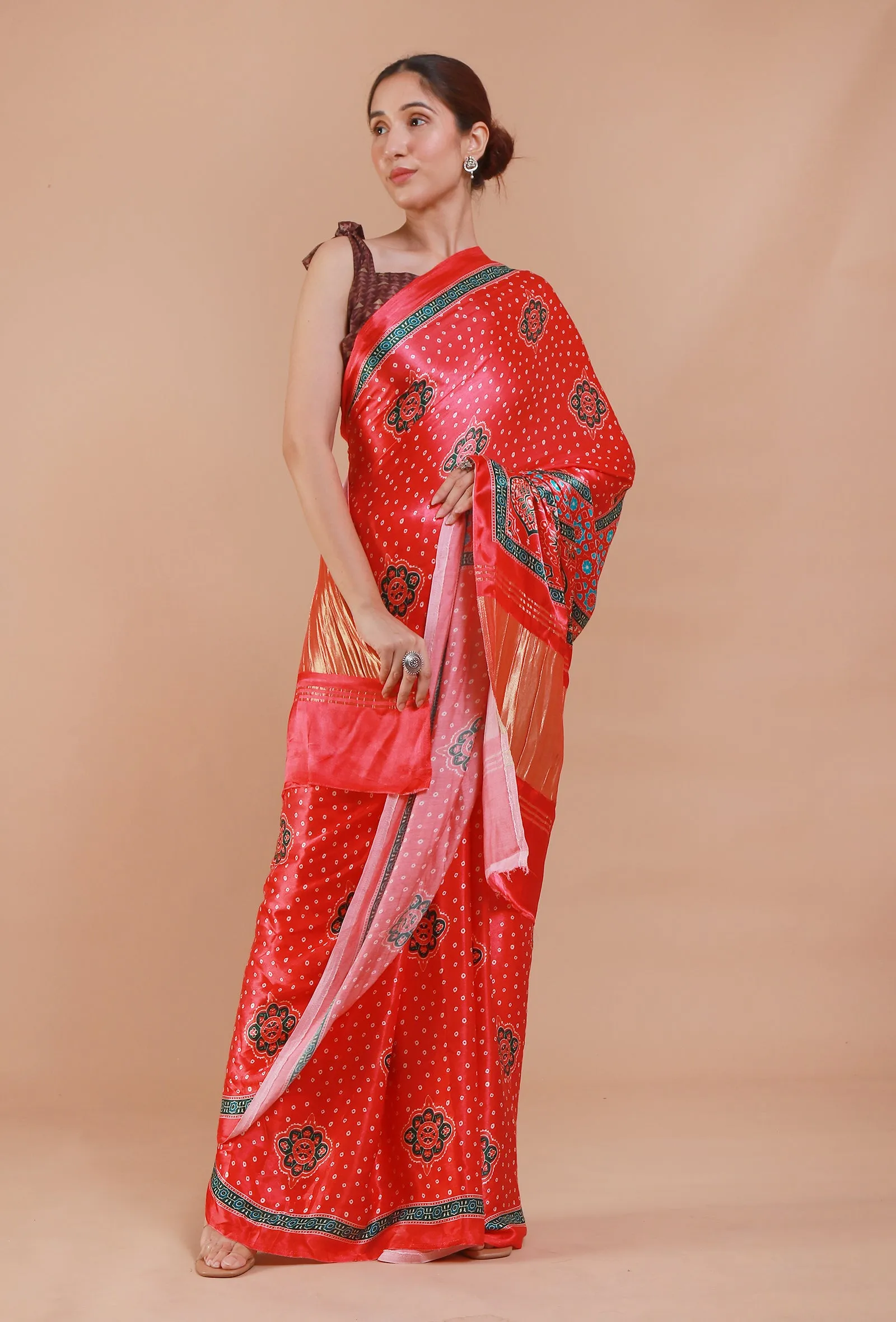 Red Digital Print Modal Silk Saree