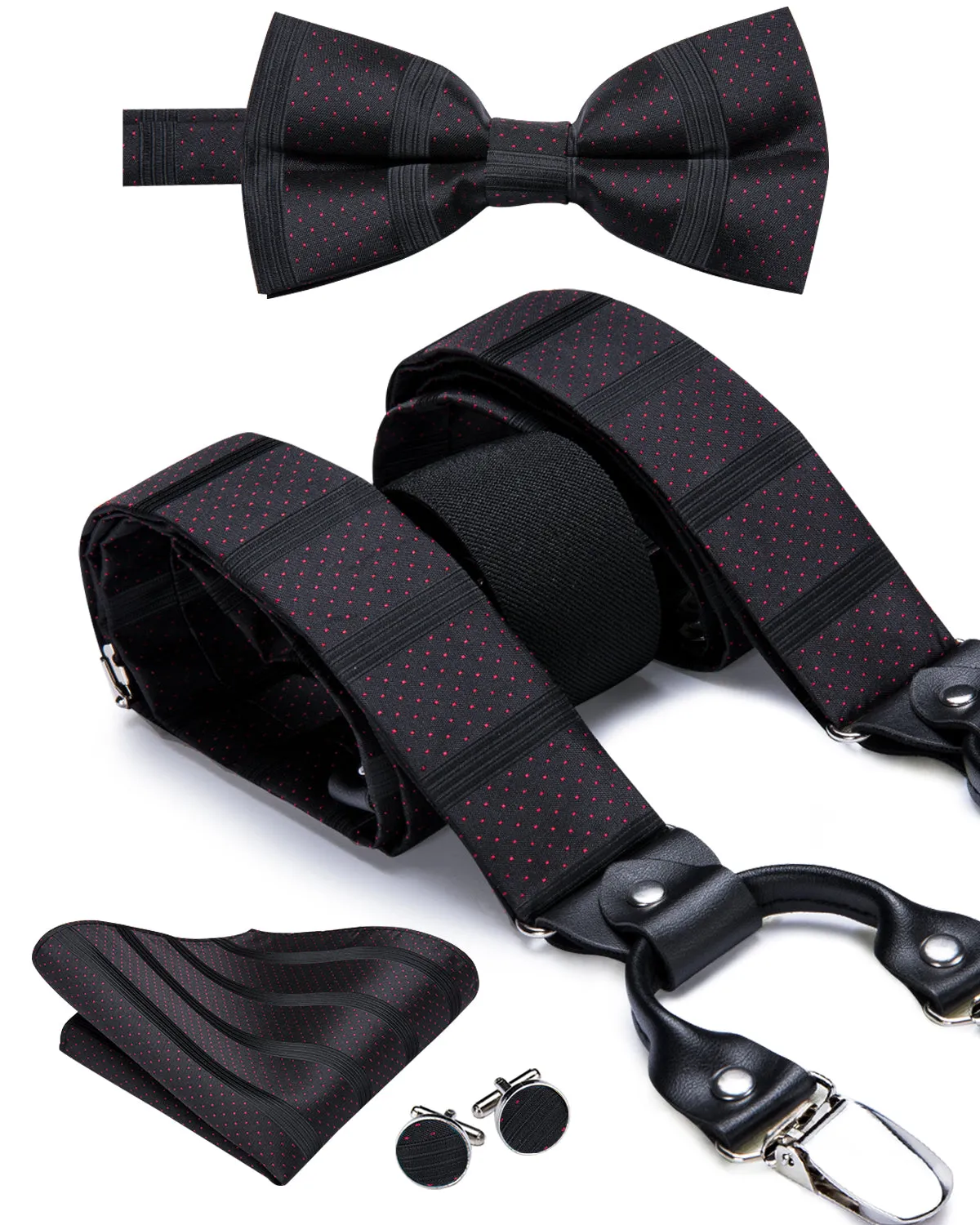 Red Dots Solid Black Suspender Bow Tie Handkerchief Cufflinks Set