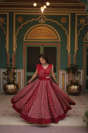 Red Elegant Printed Rayon Lehenga Set with Gota Patti Lace and Kali Pattern