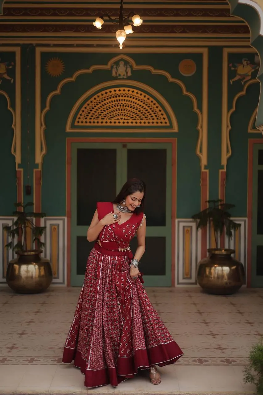 Red Elegant Printed Rayon Lehenga Set with Gota Patti Lace and Kali Pattern