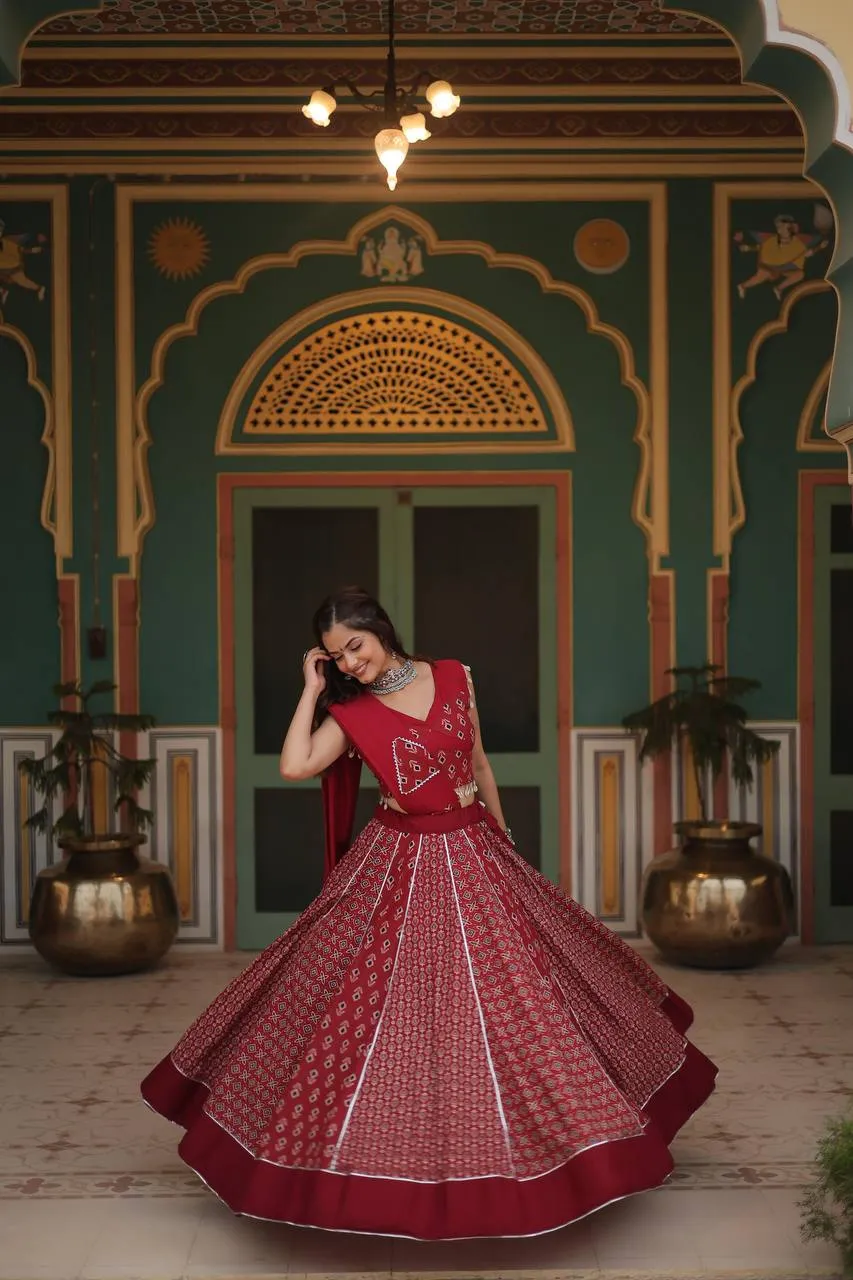 Red Elegant Printed Rayon Lehenga Set with Gota Patti Lace and Kali Pattern