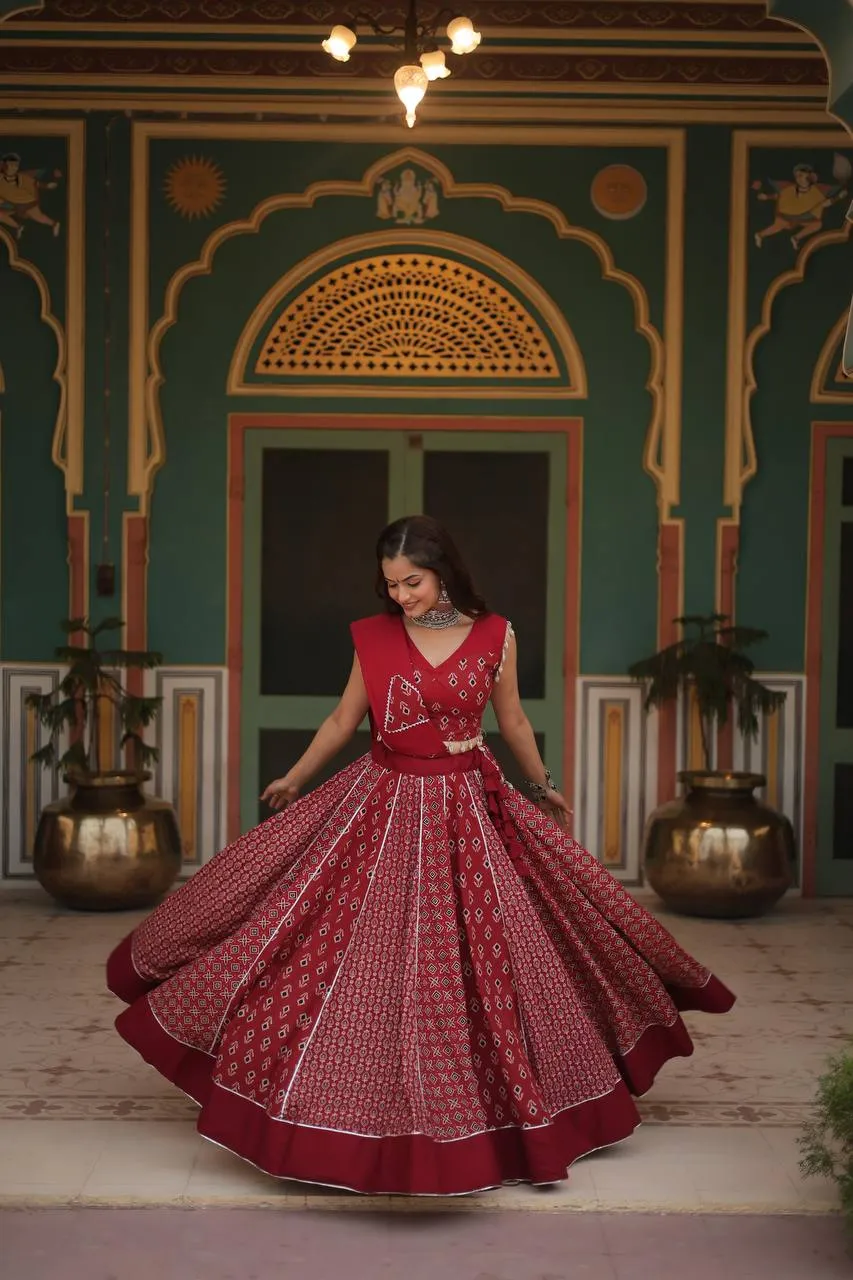 Red Elegant Printed Rayon Lehenga Set with Gota Patti Lace and Kali Pattern