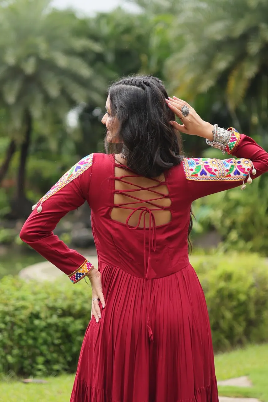 Red Elegant Printed Rayon Lehenga Set with Gota Patti Lace and Kali Pattern