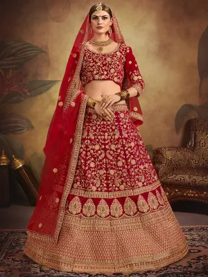 Red Elegant  Semi Stitched Lehenga With  Unstitched Blouse