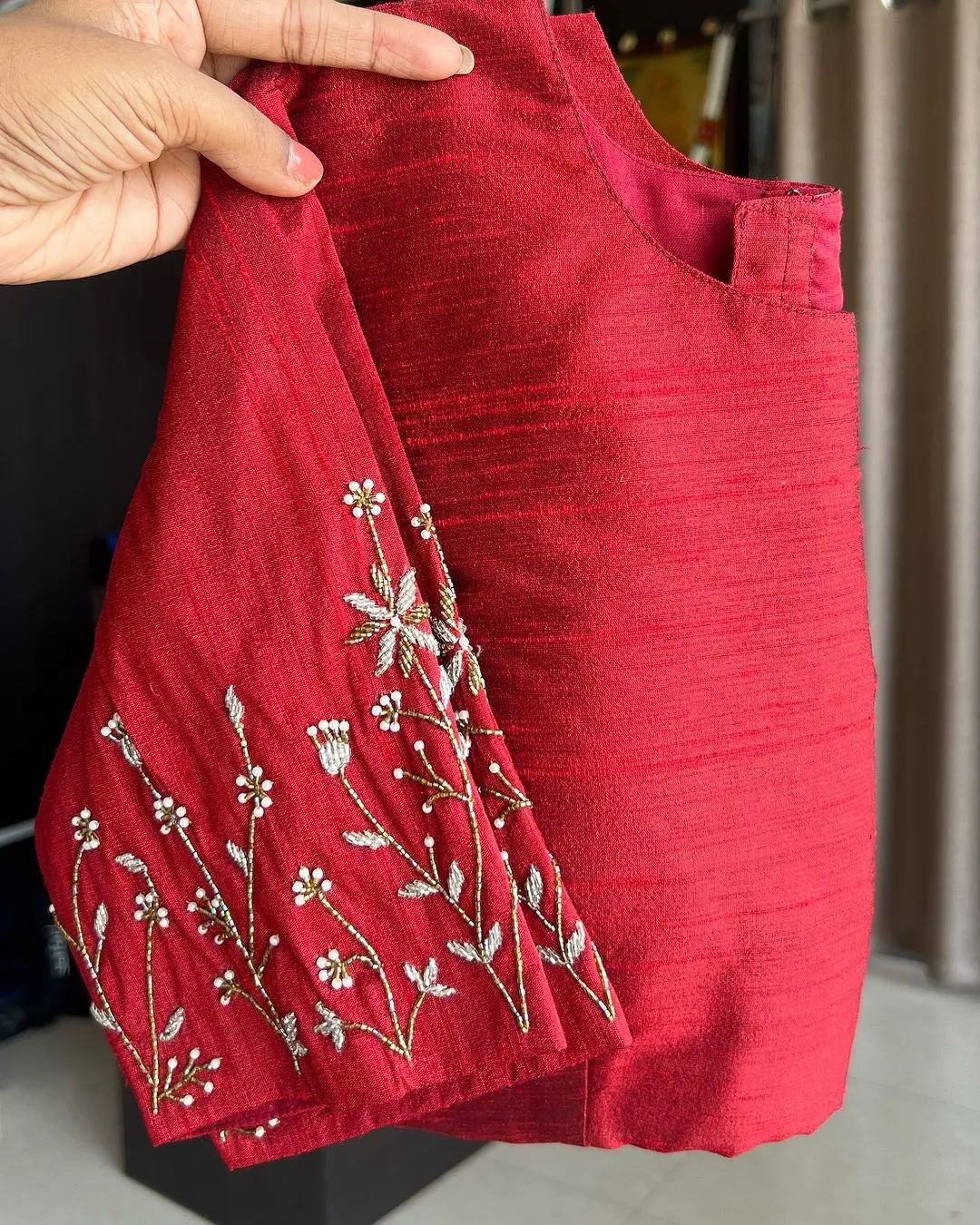 Red Elzara Silk Blouse with Beautiful Handwork on Sleeves