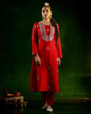 Red Embellished Belgium Silk Kurta Set