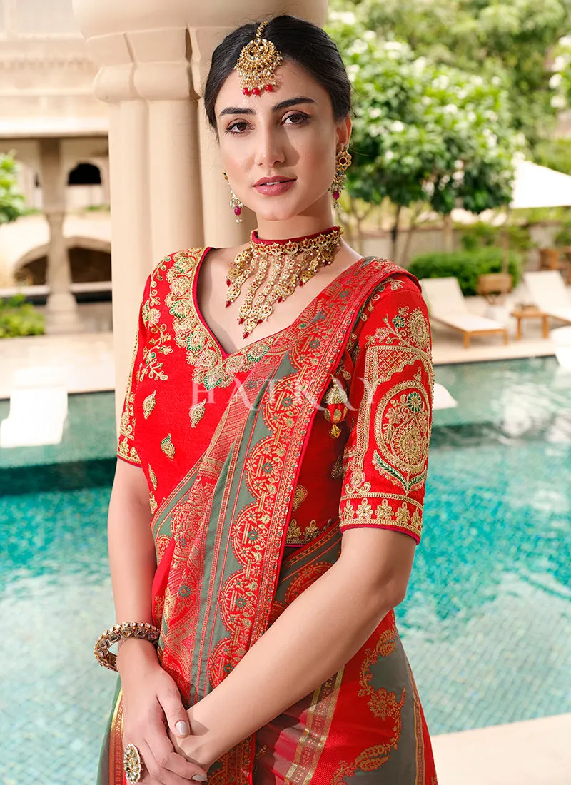 Red Embroidered Banarasi Silk Saree