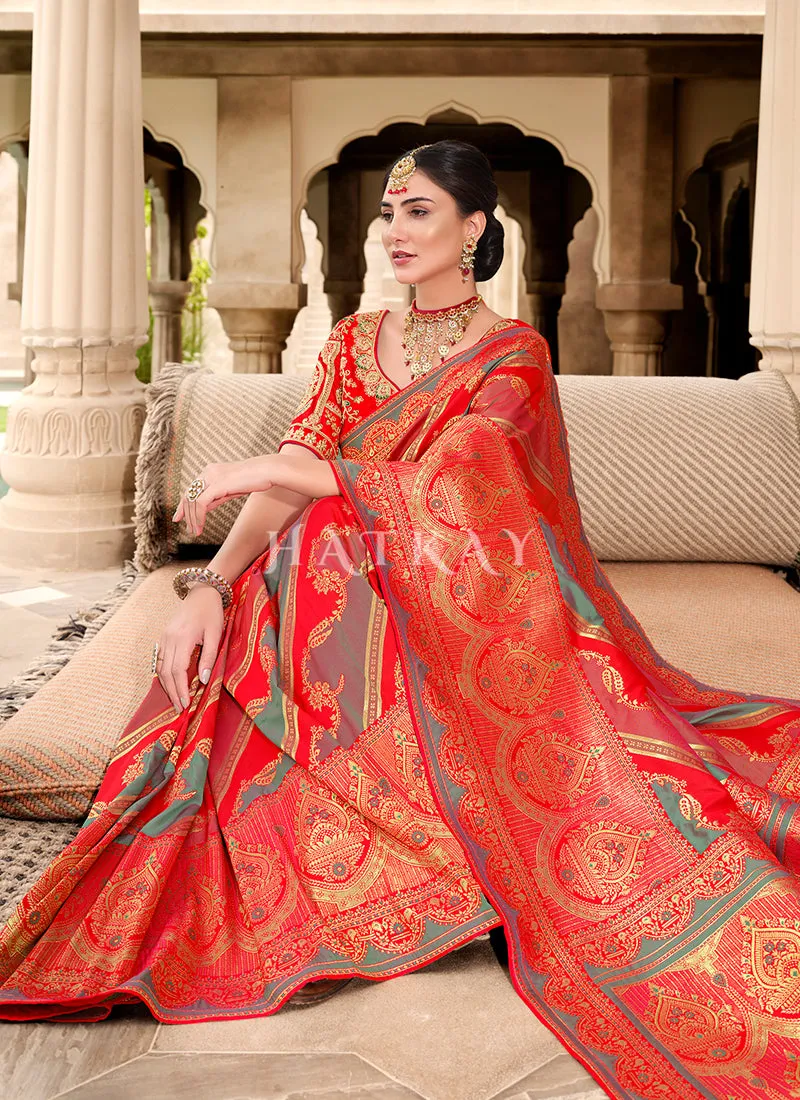 Red Embroidered Banarasi Silk Saree