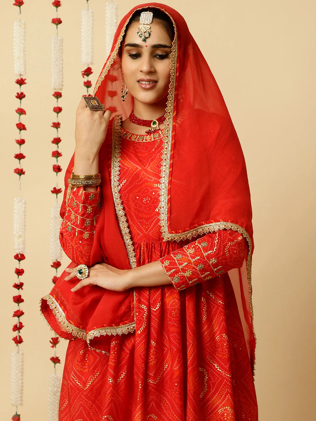 Red Embroidered Bandhani Gathered Kurta With Leheriya Skirt And Dupatta