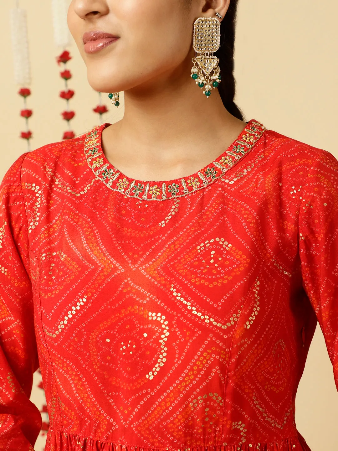 Red Embroidered Bandhani Gathered Kurta With Leheriya Skirt And Dupatta