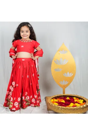 Red embroidered choli and lotus printed lehenga with dupatta