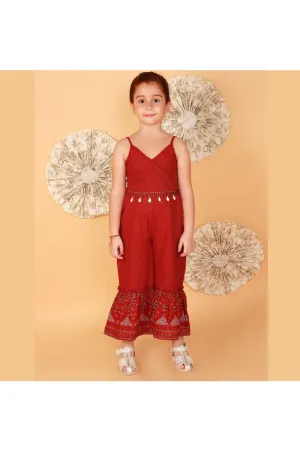 Red Embroidered Cotton Sleeveless Jumpsuit