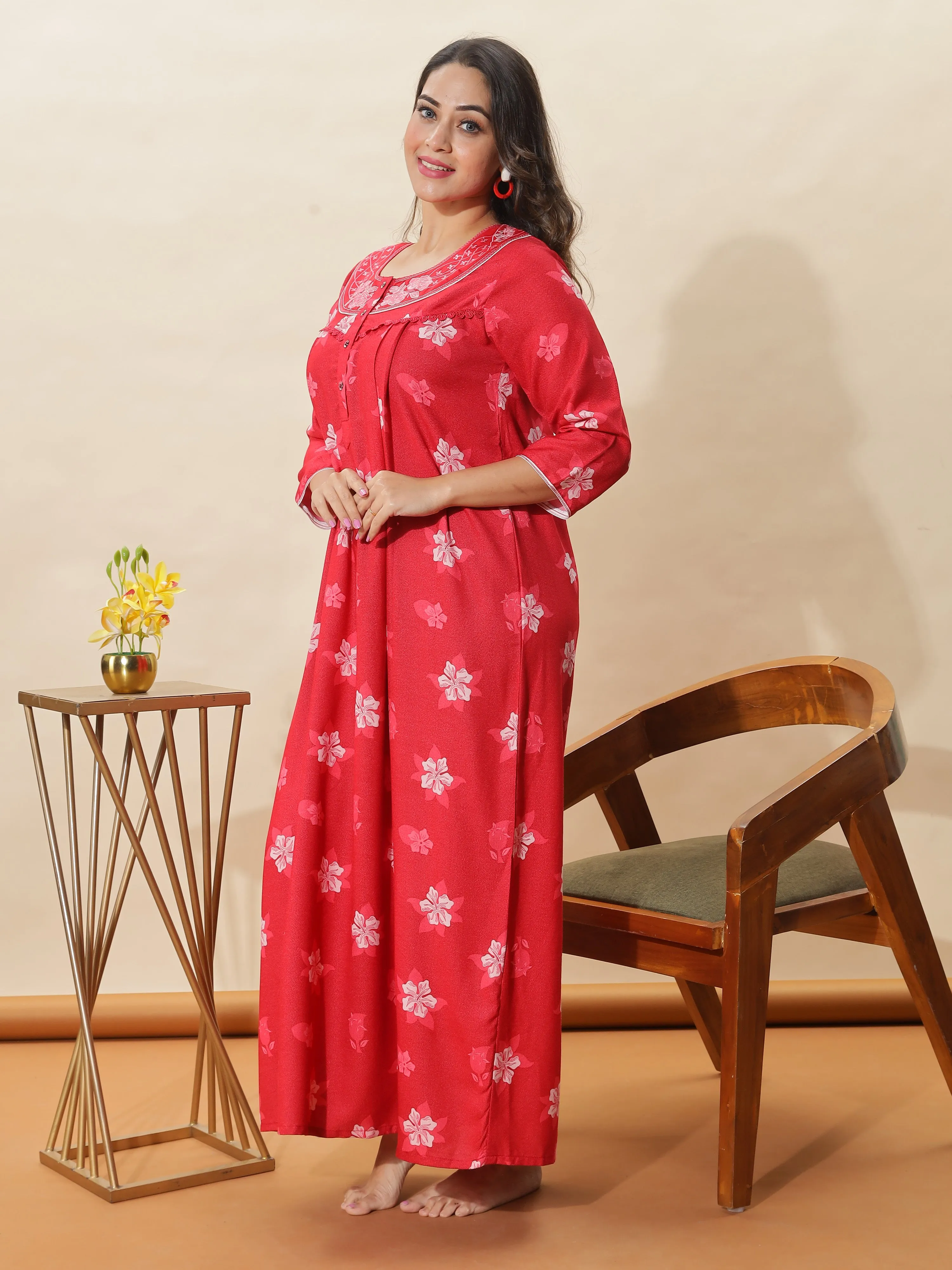 Red Embroidered Designer Nighty for Women With Stylish & Cozy