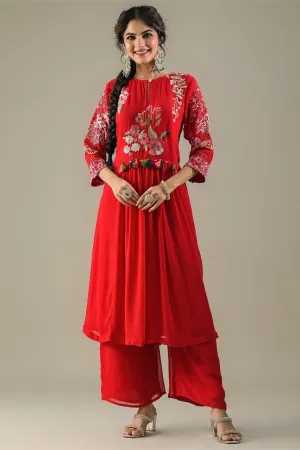 Red Embroidered Georgette Silk Kurta & Pants Set