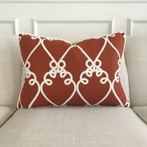 Red Embroidered Linen Welt Trim Lumbar Pillow Cover 16x22