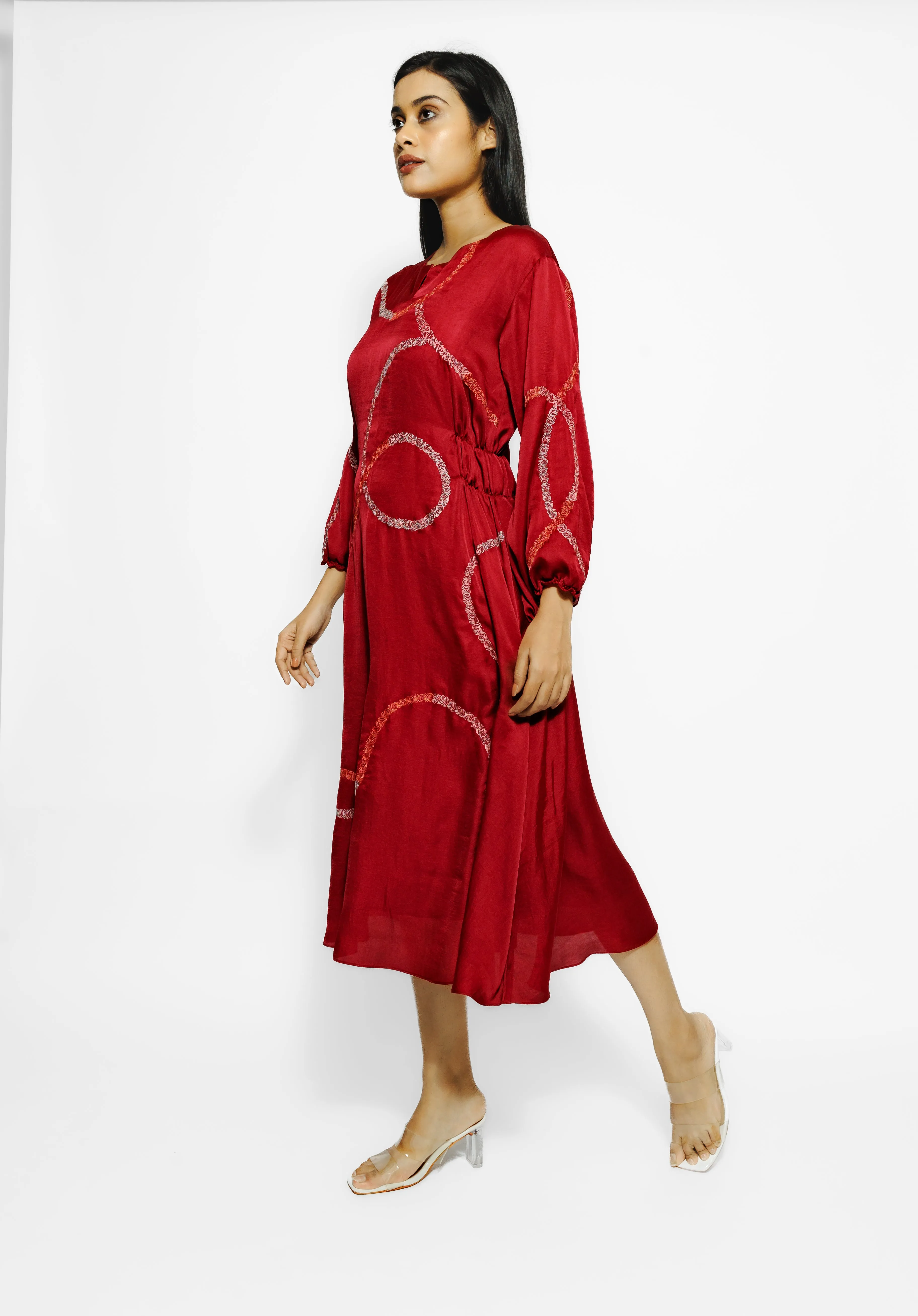 Red Embroidered Mulberry Silk Tunic Dress