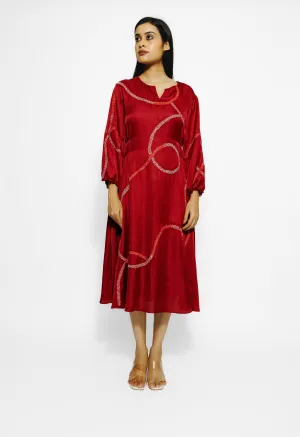 Red Embroidered Mulberry Silk Tunic Dress