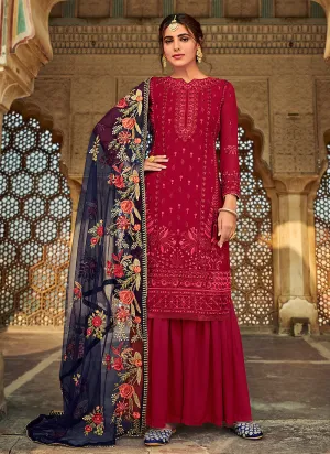 Red Embroidered Palazzo Suit