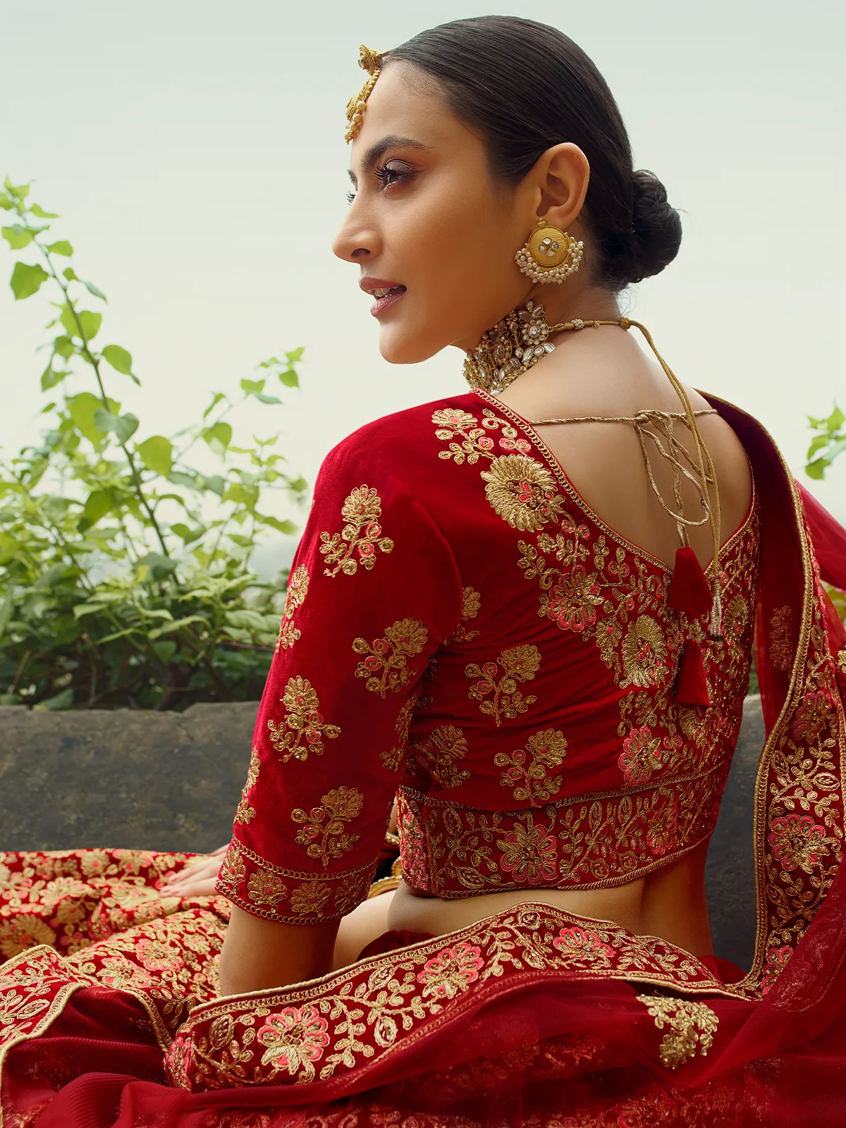 Red Embroidered Velvet Semi Stitched Lehenga With Unstitched Blouse