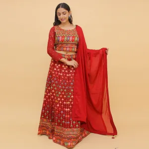 Red Embroidered With Embellished Georgette Lehenga Choli