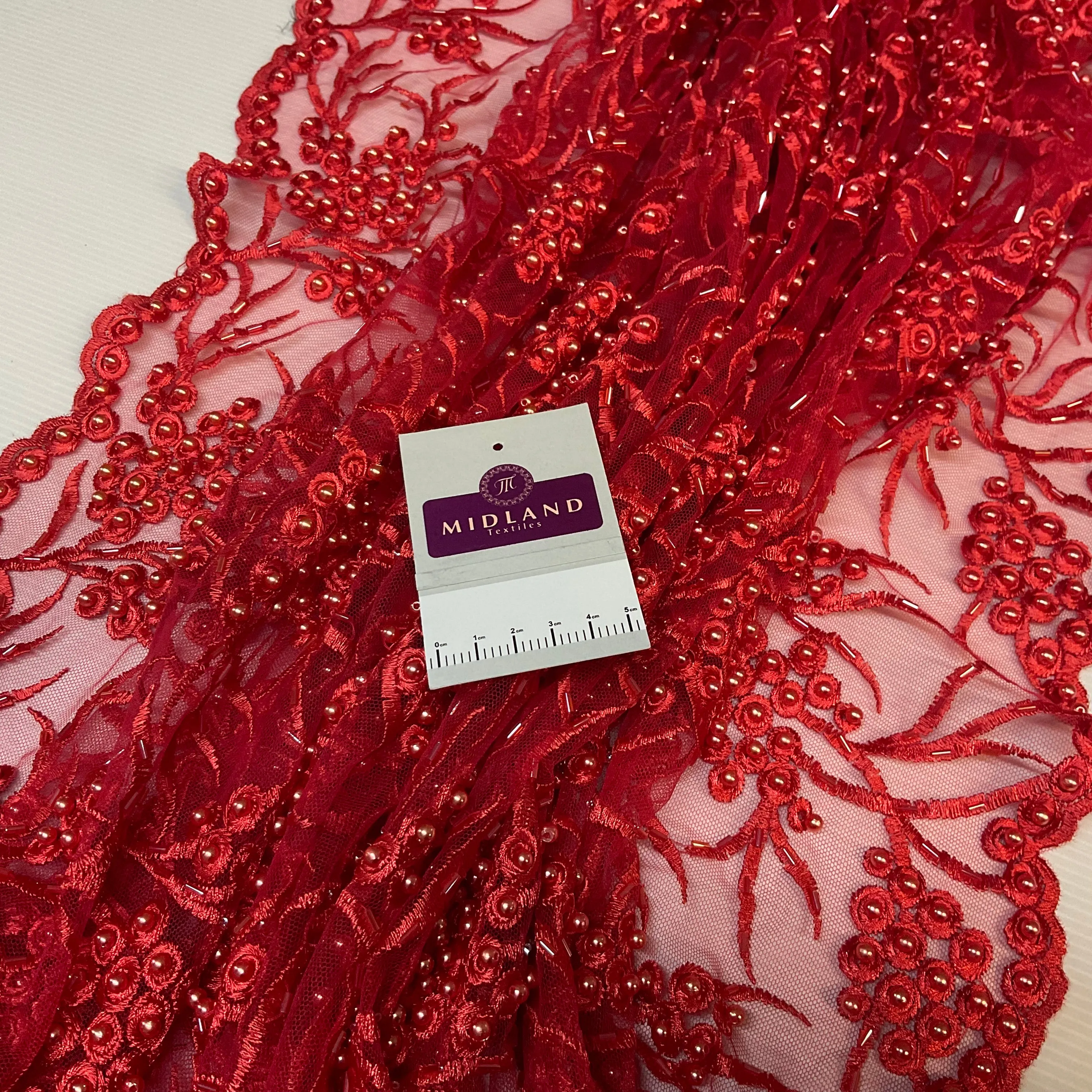 Red embroidery lace with redfaux pearls and red bungle beads - Double scalloped border Fabric - M1400-35