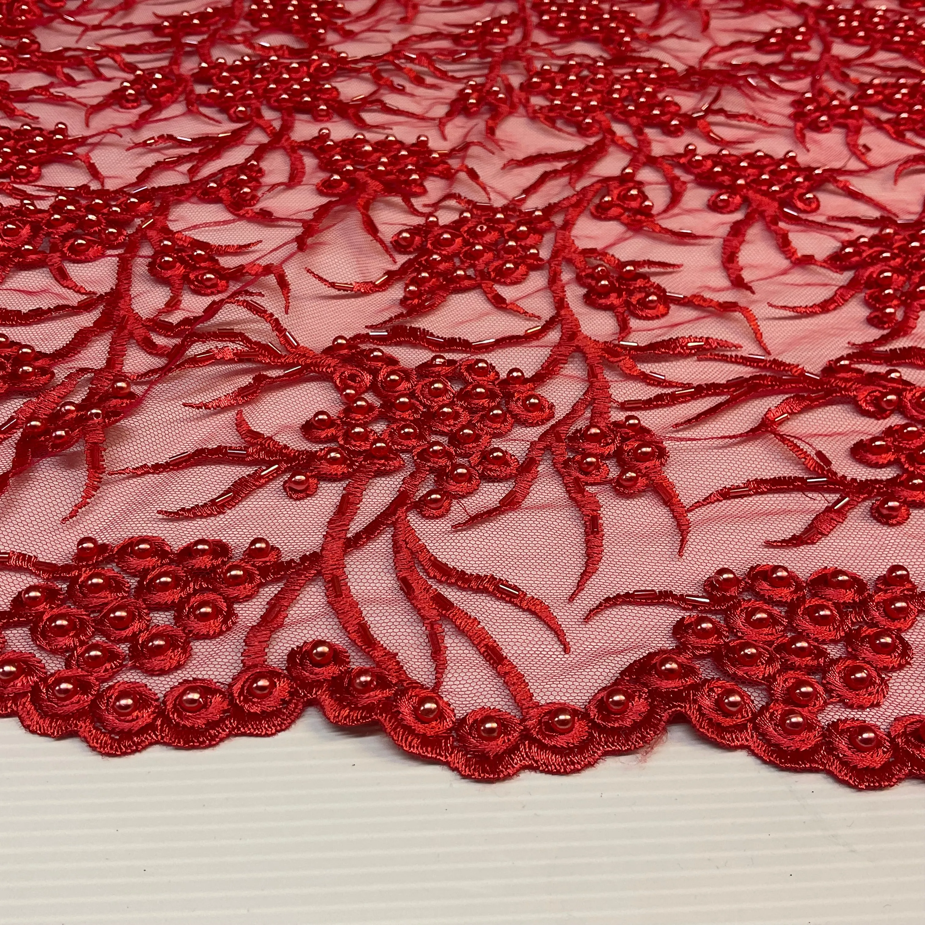 Red embroidery lace with redfaux pearls and red bungle beads - Double scalloped border Fabric - M1400-35