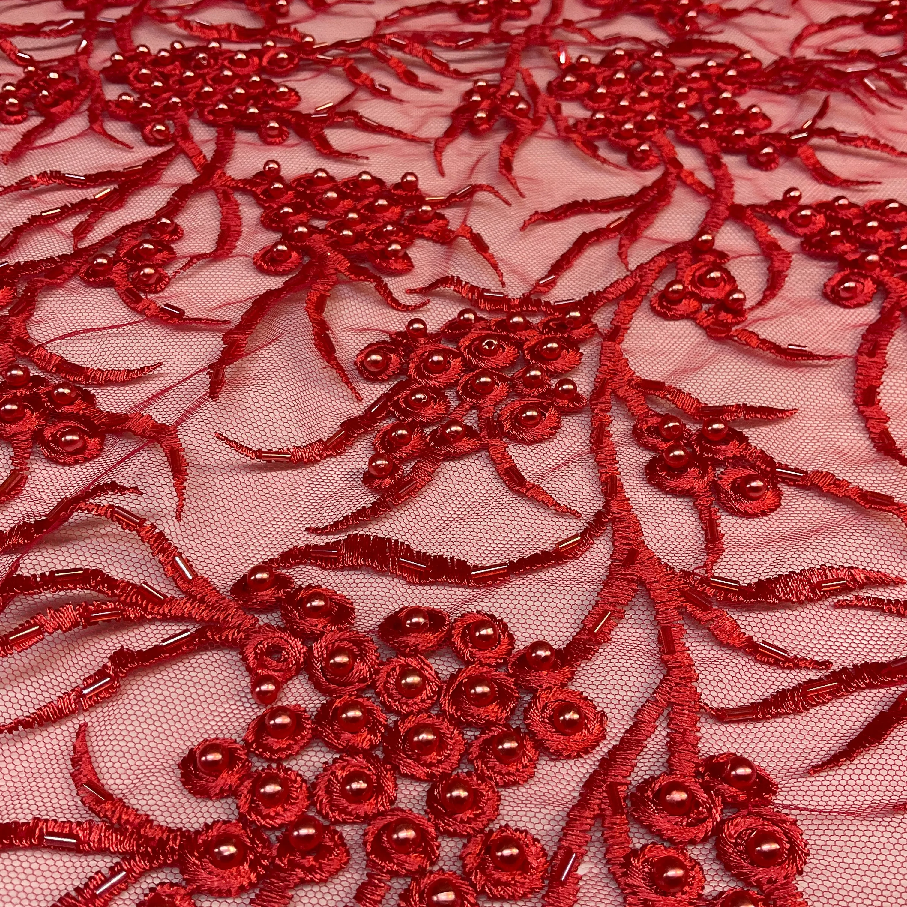 Red embroidery lace with redfaux pearls and red bungle beads - Double scalloped border Fabric - M1400-35