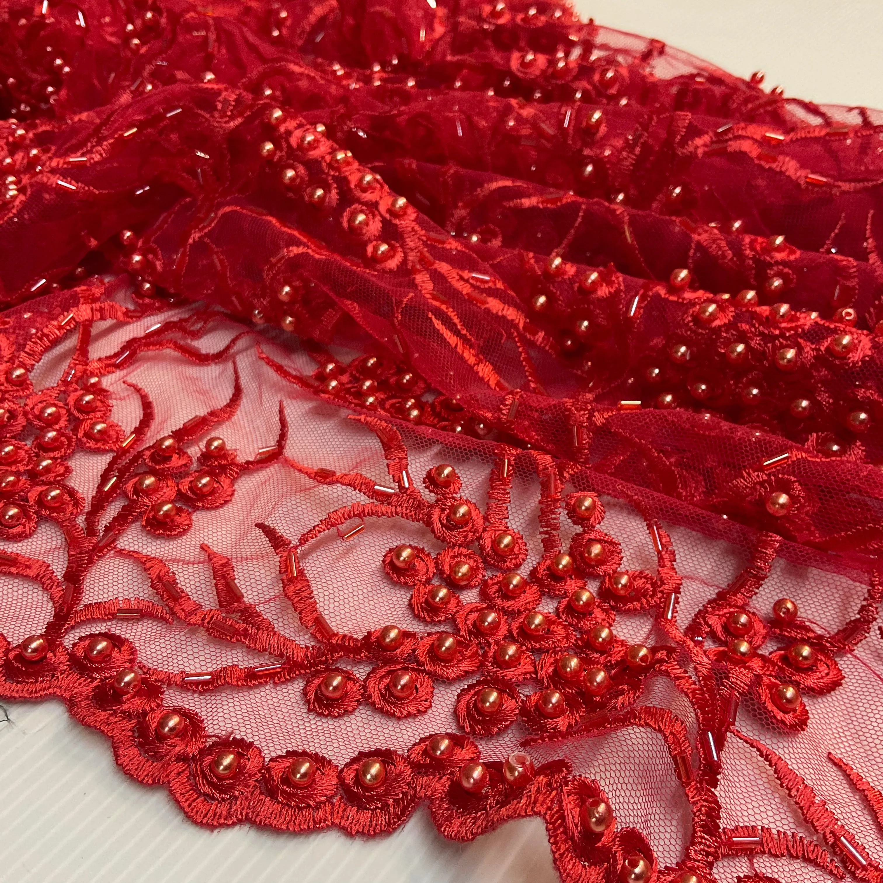 Red embroidery lace with redfaux pearls and red bungle beads - Double scalloped border Fabric - M1400-35