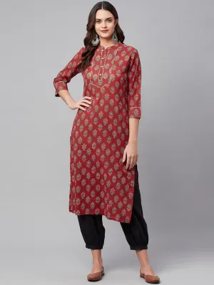 Red Ethnic Cotton Straight Kurta