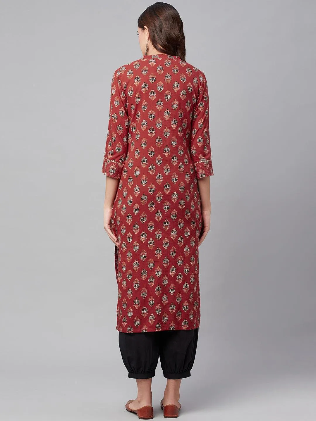 Red Ethnic Cotton Straight Kurta