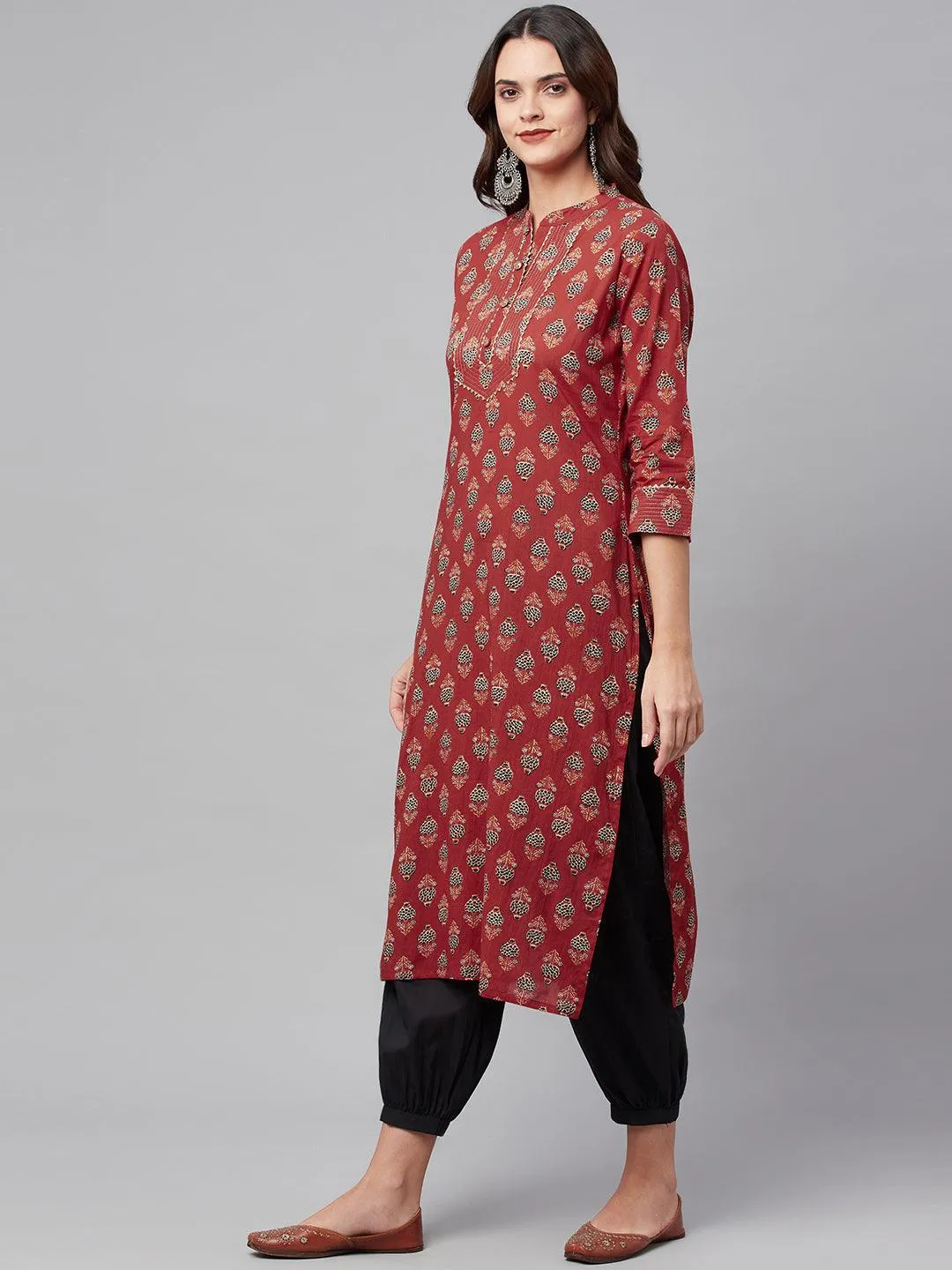 Red Ethnic Cotton Straight Kurta