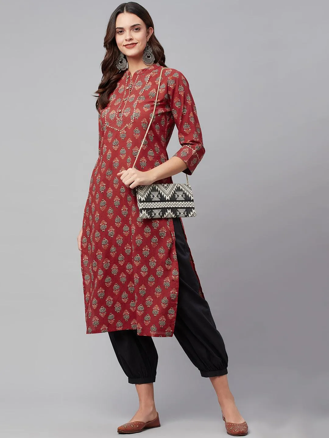 Red Ethnic Cotton Straight Kurta